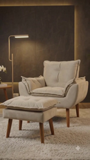 Kit poltrona mais puff deluxo pes palito em suede bege