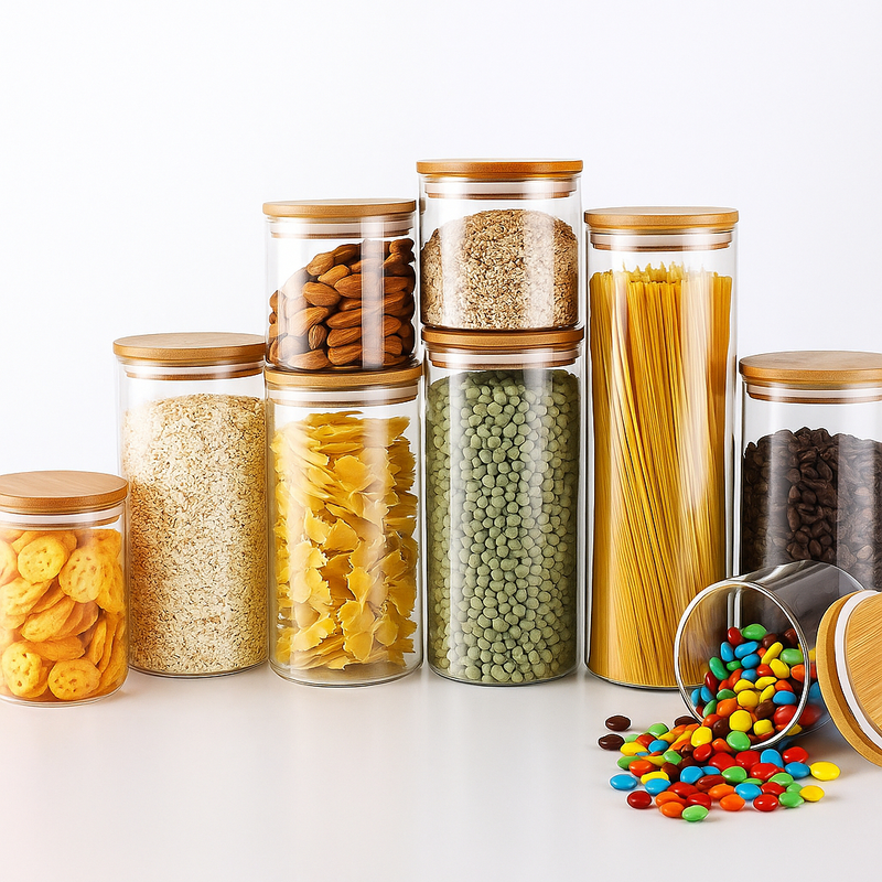 Kit com 9 ou 13 Potes Herméticos de Vidro com Tampa de Bambu | Organizador para Mantimentos e Alimentos na Cozinha