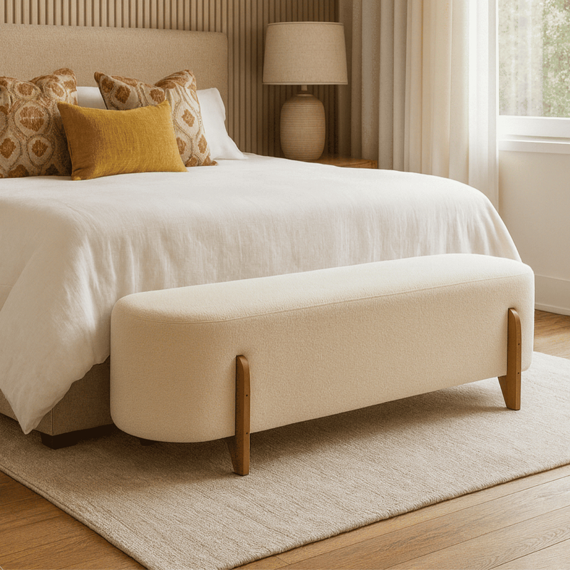 Recamier Orgânico Boucle Bege Banco Decorativo Quarto Sala Design Contemporâneo